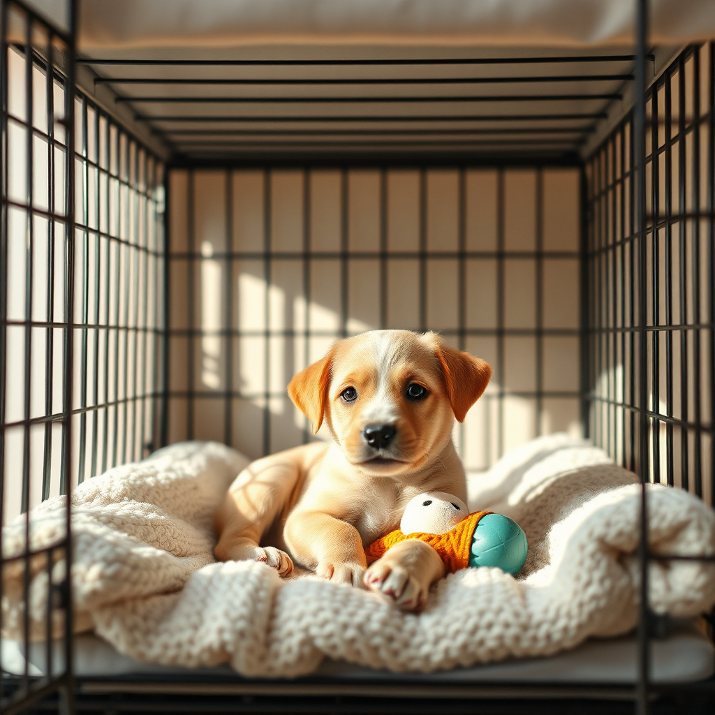 A photorealistic image of a cozy, well-ventilated crate. A cute puppy is lying comfortably inside with a chew toy. Soft, natural light is filtering into the crate, creating a calm and inviting atmosphere. Focus on the puppy's relaxed posture and the clean, comfortable bedding inside the crate.