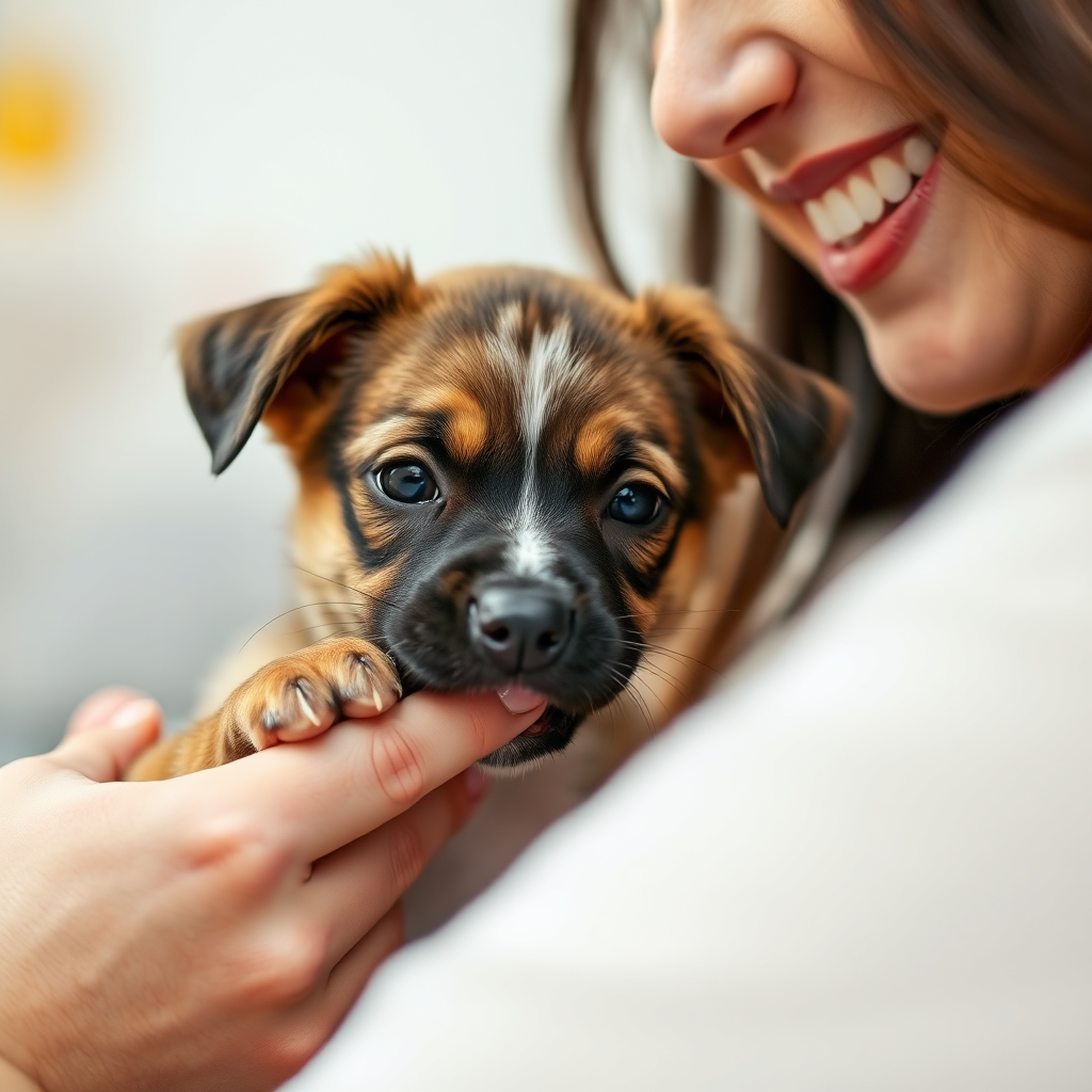 A photorealistic image of a puppy gently mouthing a person's hand during playtime. The person is smiling and relaxed, showing a positive interaction. Focus on capturing the puppy's soft fur and gentle expression.